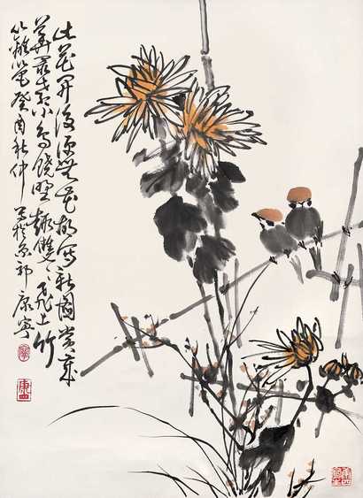 康宁 菊花双雀 镜心